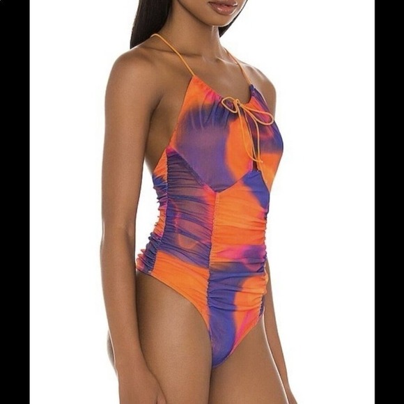 H:ours Revolve Bodysuit Lace Up Orange Blue Tie Dye Mesh Strappy Thong Top Small - Picture 3 of 13